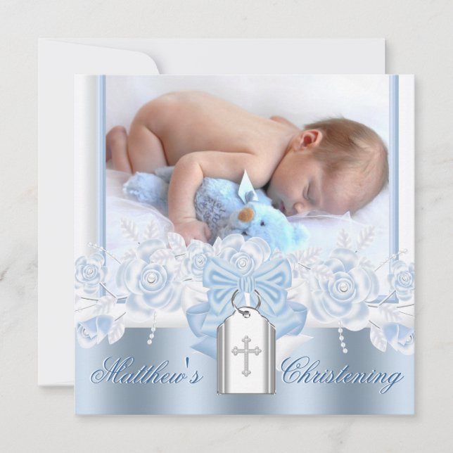 Invitación Bonito Cruz Blanca Bebé Azul Christina (Anverso)