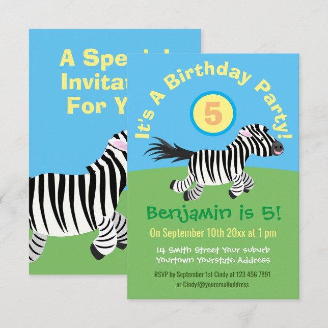Invitación Bonito cumpleaños de personalizado de zebra de eje (Anverso / Reverso)