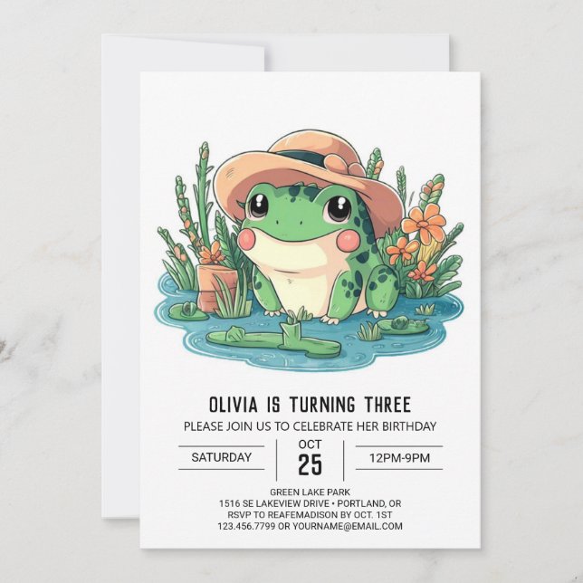 Invitación Bonito cumpleaños digital de rana Pastel (Anverso)