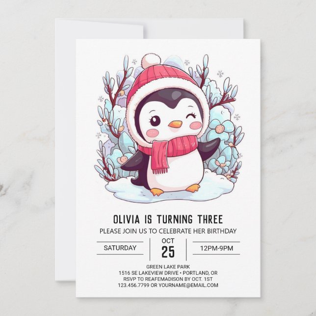 Invitación Bonito cumpleaños digital pingüino colorido (Anverso)