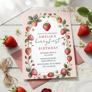 Invitación Bonito Cumpleaños Fresa Rosa Primer Cumpleaños