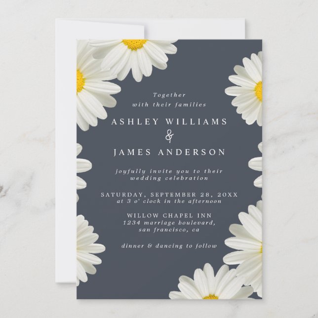 Invitación Bonito Daisies Floral blanca Boda azul oscuro (Anverso)
