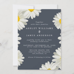 Invitación Bonito Daisies Floral blanca Boda azul oscuro