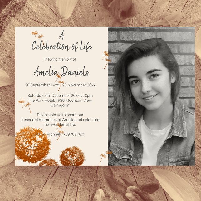 Invitación Bonito Dandelion Photo Celebration of Life Card (Subido por el creador)