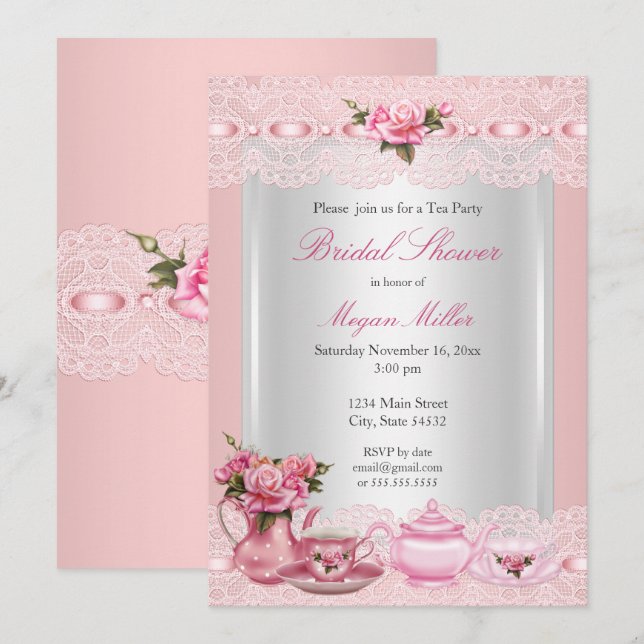 Invitación Bonito de ducha de novia rosas rosadas Fiesta de t (Anverso / Reverso)