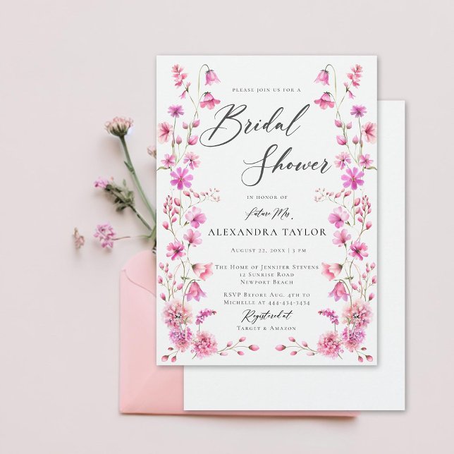 Invitación Bonito de Flor Silvestre Rosa Boho Frame Bridal Sh (pretty in pink wildflowers boho frame bridal shower invitation elegant rustic romantic feminine)