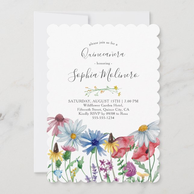 Invitación Bonito de flores silvestres de campo Quinceanera (Anverso)