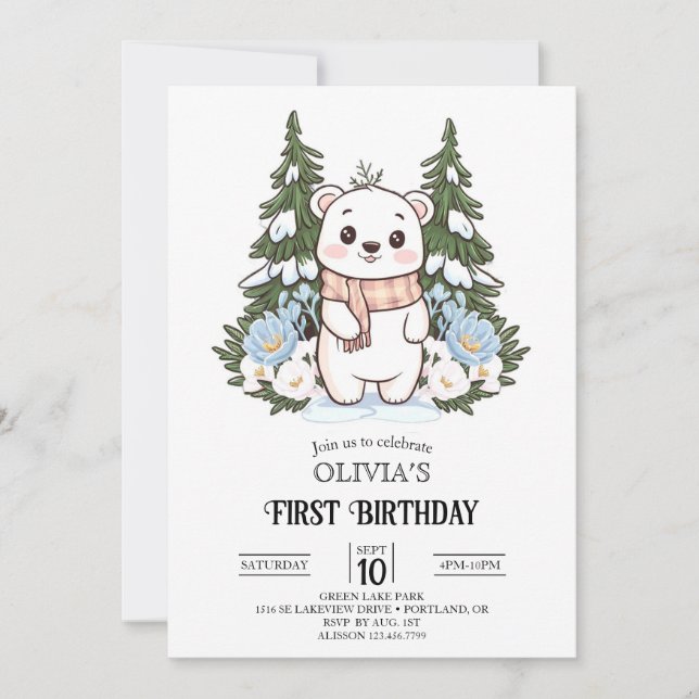 Invitación Bonito de Invierno Oso Polar 1er cumpleaños digita (Anverso)