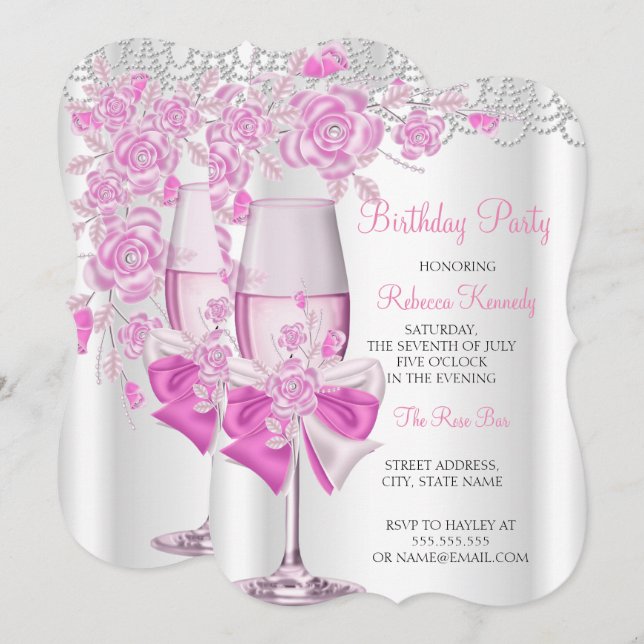 Invitación Bonito de la fiesta de cumpleaños Rosa Champagne (Anverso / Reverso)