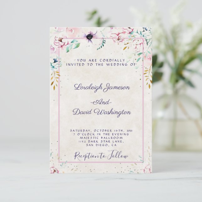 Invitación Bonito de presupuesto boda floral rosa y morado In (Anverso de pie)