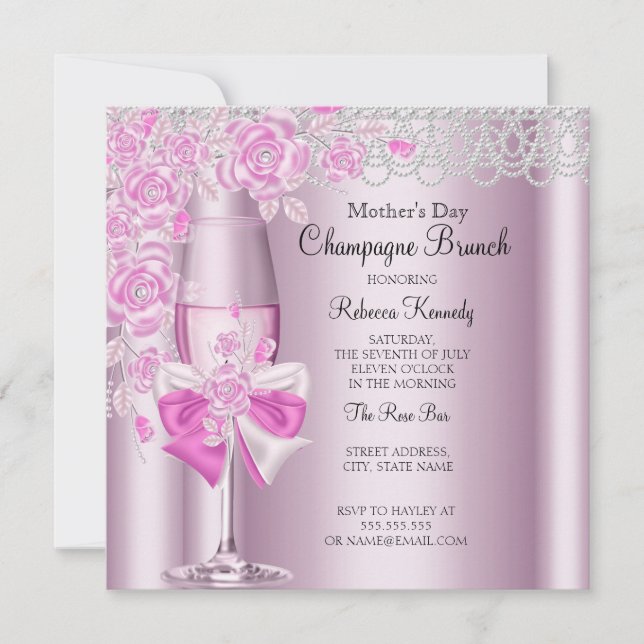 Invitación Bonito del Día de la Madre Rosa Brunch de champán  (Anverso)