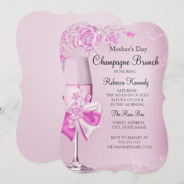 Invitación Bonito del Día de la Madre Rosa Champagne Brunch (Anverso / Reverso)