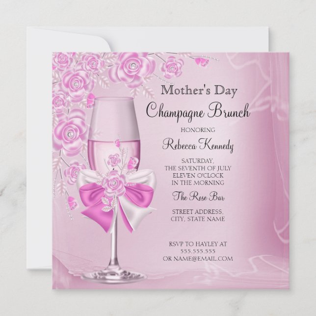 Invitación Bonito del Día de la Madre Rosa Champagne Brunch (Anverso)