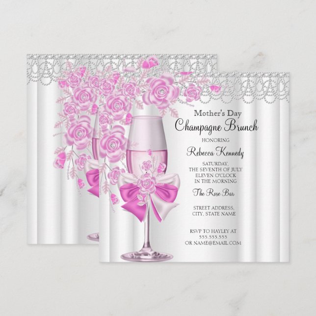 Invitación Bonito del Día de la Madre Rosa de Champagne Brunc (Anverso / Reverso)