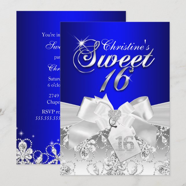 Invitación Bonito Diamond Bow Royal Blue Sweet 16 Invite (Anverso / Reverso)
