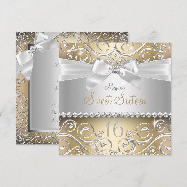 Invitación Bonito Diamond bow & Sparkle Swirl Gold Sweet 16 (Anverso / Reverso)