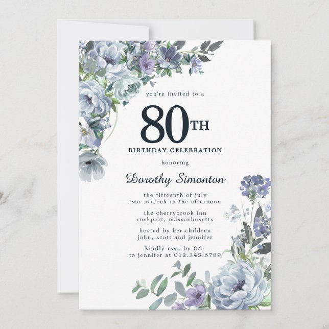 Invitación Bonito Dusty Blue Floral 80 cumpleaños (Anverso)