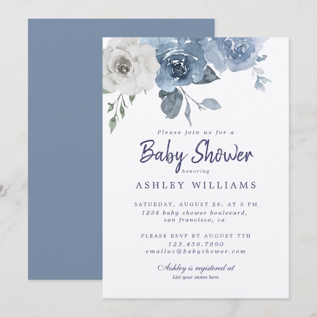 Invitación Bonito Dusty Blue Ivory Rosa Baby Shower (Anverso / Reverso)