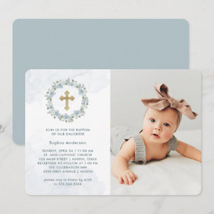 Invitación Bonito Dusty Blue Watercolor Floral Foto Bautismo