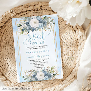 Invitación Bonito Dusty Blue White Gold Flores Dulces 16