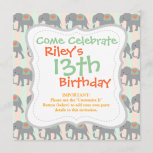 Invitación Bonito Elefantes Coral Peach Mint Green Strike