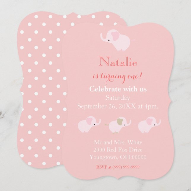 Invitación Bonito Elefantes Rosa Niña Primer Cumpleaños (Anverso / Reverso)