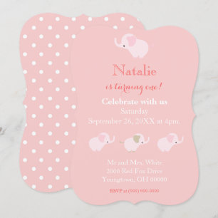 Invitación Bonito Elefantes Rosa Niña Primer Cumpleaños