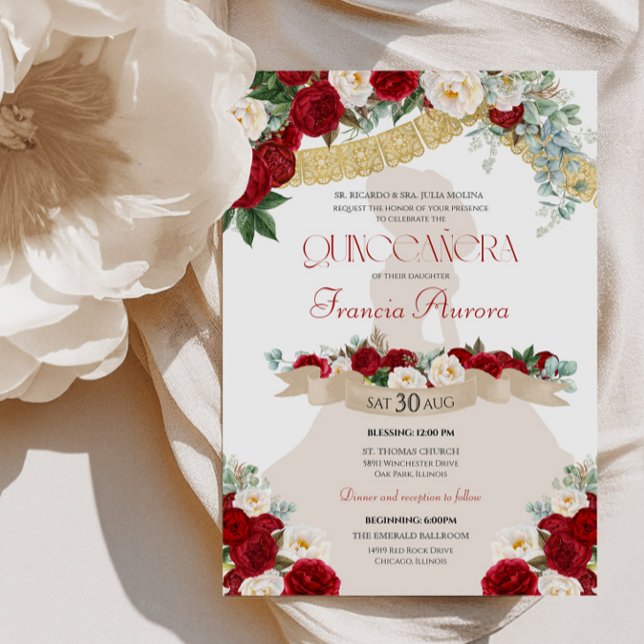 Invitación Bonito elegante Charro Rojo Oro Blanco Quinceanera (Subido por el creador)