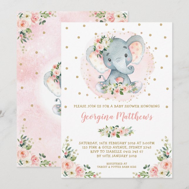 Invitación Bonito Elephant Baby Shower Rubor Gold Floral Rosa (Anverso / Reverso)