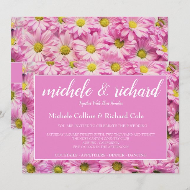 Invitación Bonito En Boda De Flores Rosa (Anverso / Reverso)