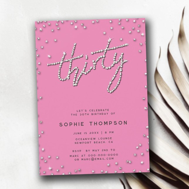 Invitación Bonito en Diamantes de imitación rosados Elegante  (pretty in pink rhinestones 30th birthday for women invitation elegant modern simple glitter feminine)