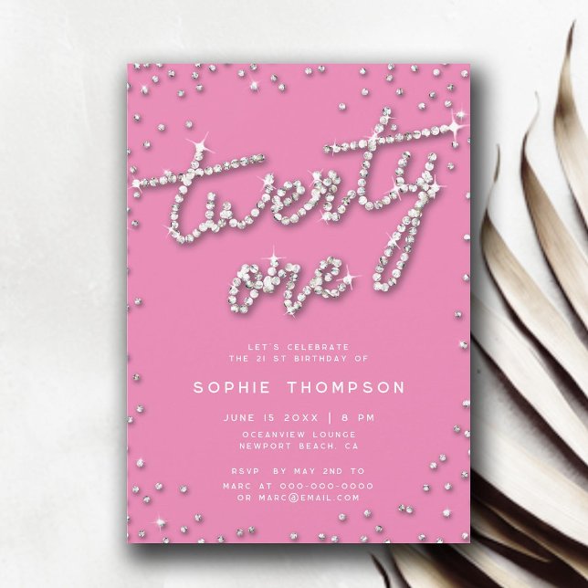 Invitación Bonito en Diamantes de imitación rosados Elegante  (pretty in pink rhinestones 21st birthday invite for girls elegant modern simple classy invitation)