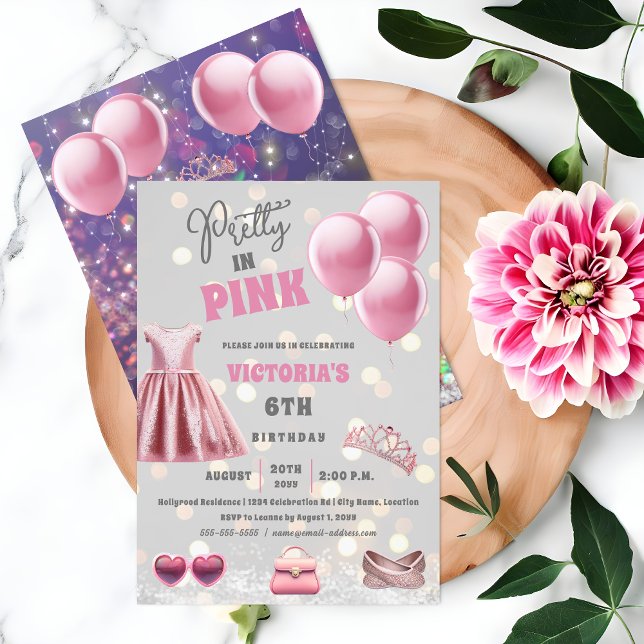 Invitación Bonito en la fiesta de cumpleaños rosado (All about your daughter being Pretty In Pink for her birthday party invitation front and back view.)