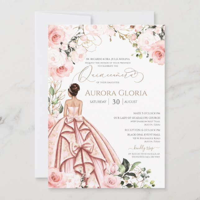 Invitación Bonito en Rosa Bella Rosa de Guata Quinceañera Inv (Anverso)
