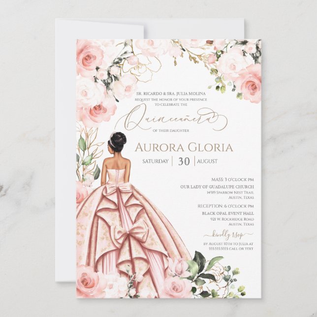Invitación Bonito en rosa hermosa Rubor Quinceanera (Anverso)