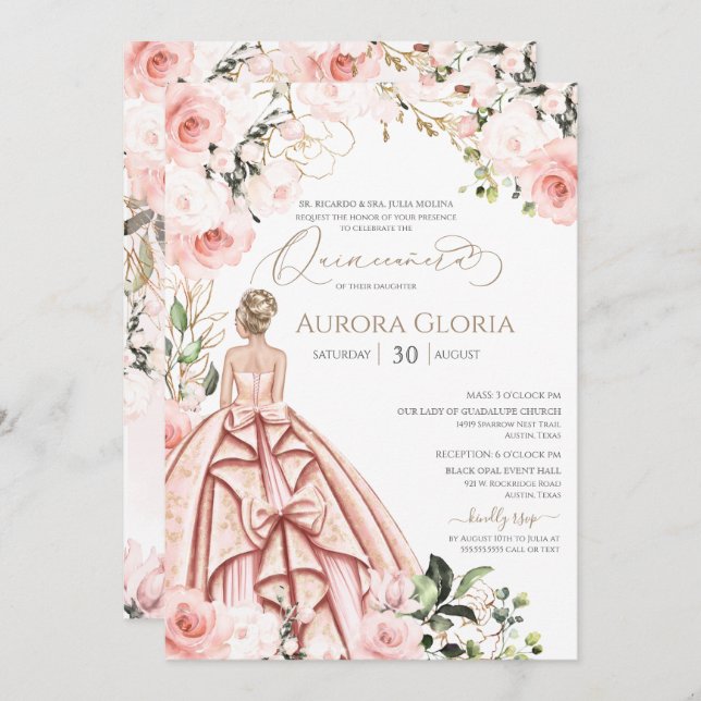 Invitación Bonito en rosa hermoso Rosa elegante Quinceanera (Anverso / Reverso)
