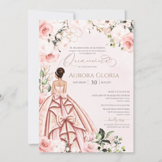 Invitación Bonito en rosado hermoso vestido Rosa Quinceañera (Anverso)