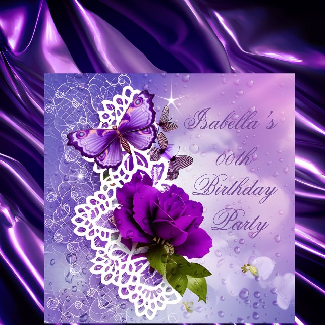 Invitación Bonito encaje Flores de mariposa púrpura Cumpleaño (Subido por el creador)