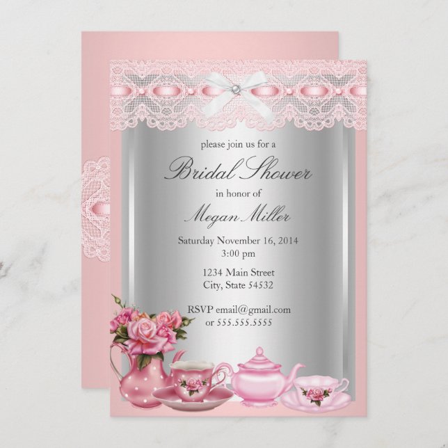 Invitación Bonito encaje rosado Alto Tea Bridal Ducha (Anverso / Reverso)