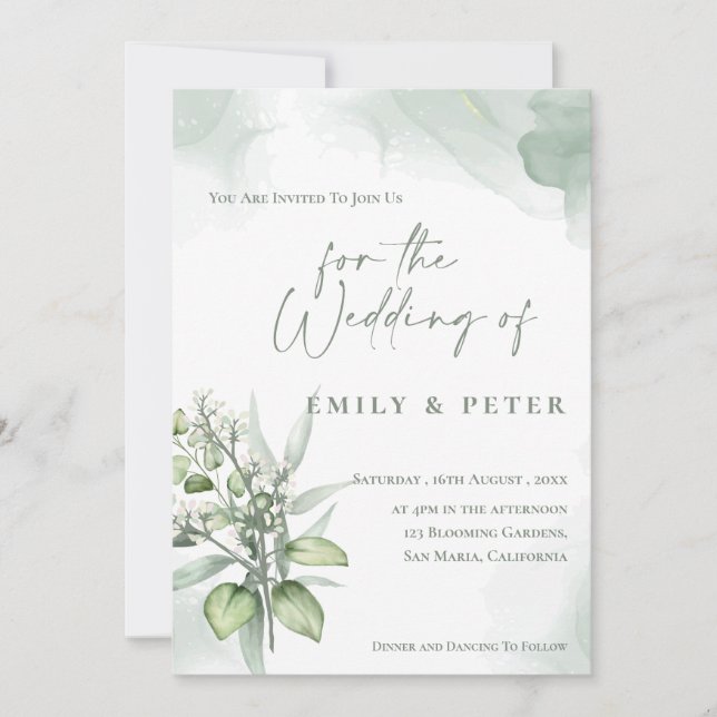 Invitación Bonito Eucalyptus deja Boda de verde monograma (Anverso)