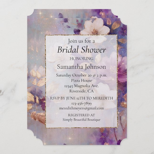 Invitación Bonito Femenina Glam Blanco Oro Morado Floral (Anverso / Reverso)
