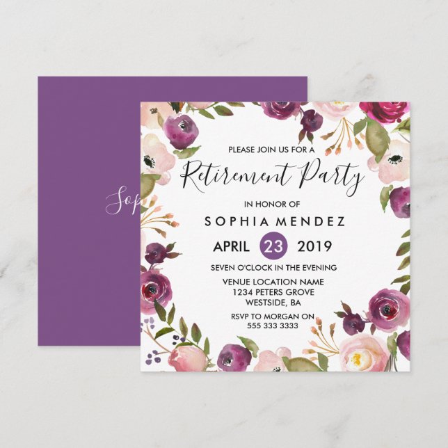 Invitación Bonito Fiesta de Jubilación Botánica Rosa Púrpura (Anverso / Reverso)