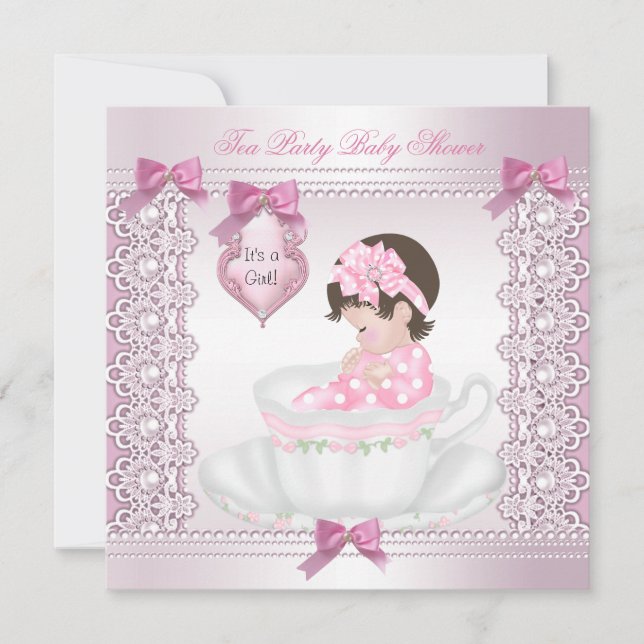 Invitación Bonito Fiesta de té Baby Shower Chica Cute rosa (Anverso)