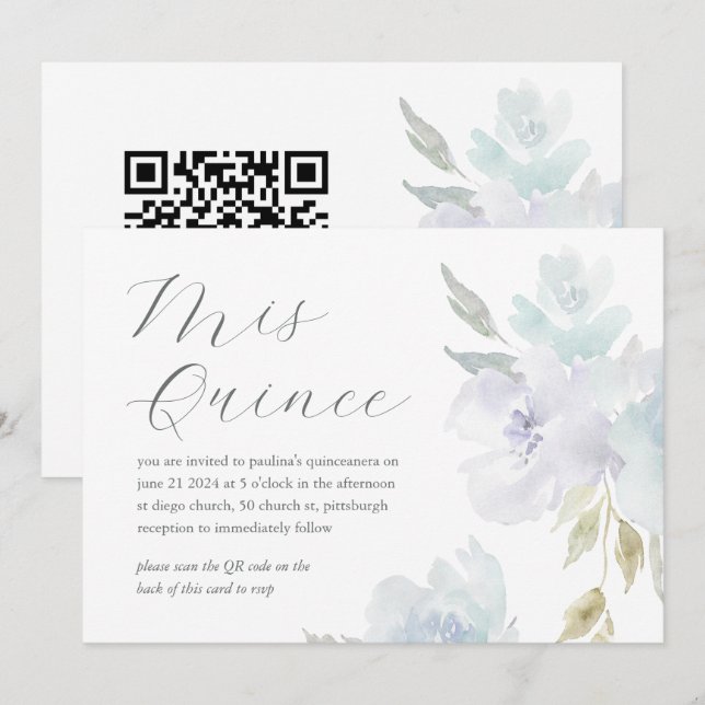 Invitación Bonito Floral 15º cumpleaños Quinceañera QR Código (Anverso / Reverso)
