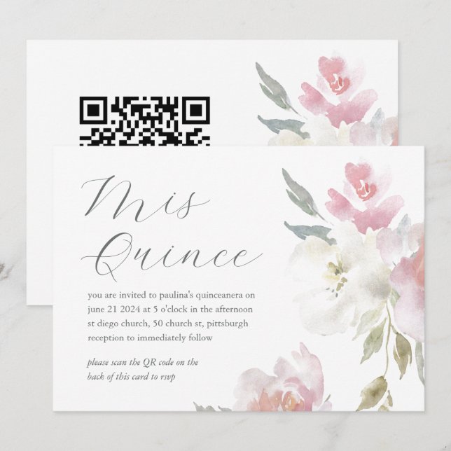 Invitación Bonito Floral 15º cumpleaños Quinceañera QR Código (Anverso / Reverso)