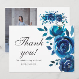 Invitación Bonito Floral Azul Quinceañera Foto Gracias