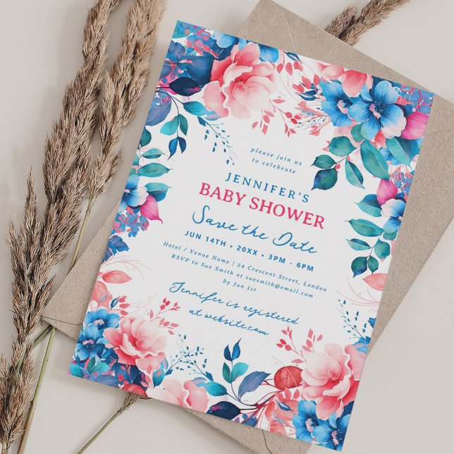 Invitación Bonito Floral Baby Shower Blue Pink Save Date (Pretty Floral Baby Shower Blue Pink Save Date Invitation)
