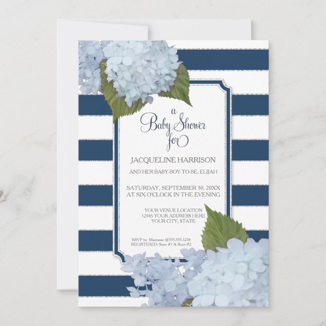 Invitación Bonito Floral Blue Elegy Navy Baby Shower Blanco (Anverso)