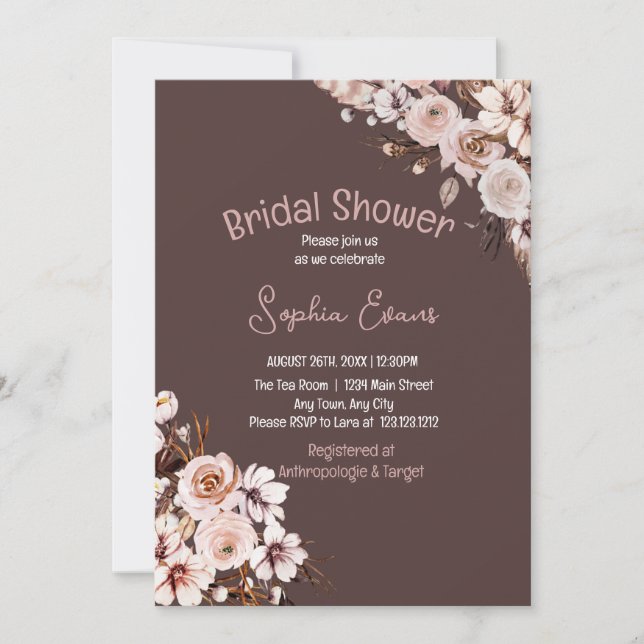 Invitación Bonito Floral Boho Brown Bridal Shower (Anverso)