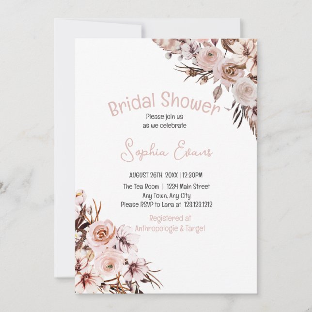 Invitación Bonito Floral Boho White Bridal Shower (Anverso)